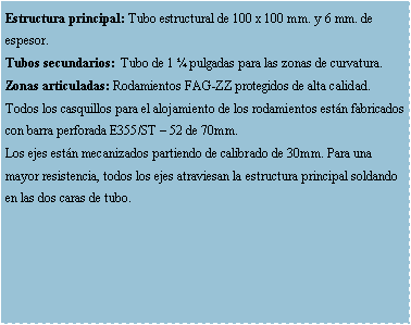 Cuadro de texto: Estructura principal: Tubo estructural de 100 x 100 mm. y 6 mm. de espesor.Tubos secundarios:  Tubo de 1  pulgadas para las zonas de curvatura.Zonas articuladas: Rodamientos FAG-ZZ protegidos de alta calidad. Todos los casquillos para el alojamiento de los rodamientos estn fabricados con barra perforada E355/ST  52 de 70mm. Los ejes estn mecanizados partiendo de calibrado de 30mm. Para una mayor resistencia, todos los ejes atraviesan la estructura principal soldando en las dos caras de tubo.