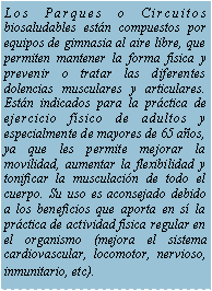 Cuadro de texto: Los Parques o Circuitos biosaludables estn compuestos por equipos de gimnasia al aire libre, que permiten mantener la forma fsica y prevenir o tratar las diferentes dolencias musculares y articulares. Estn indicados para la prctica de ejercicio fsico de adultos y especialmente de mayores de 65 aos, ya que les permite mejorar la movilidad, aumentar la flexibilidad y tonificar la musculacin de todo el cuerpo. Su uso es aconsejado debido a los beneficios que aporta en s la prctica de actividad fsica regular en el organismo (mejora el sistema cardiovascular, locomotor, nervioso, inmunitario, etc).